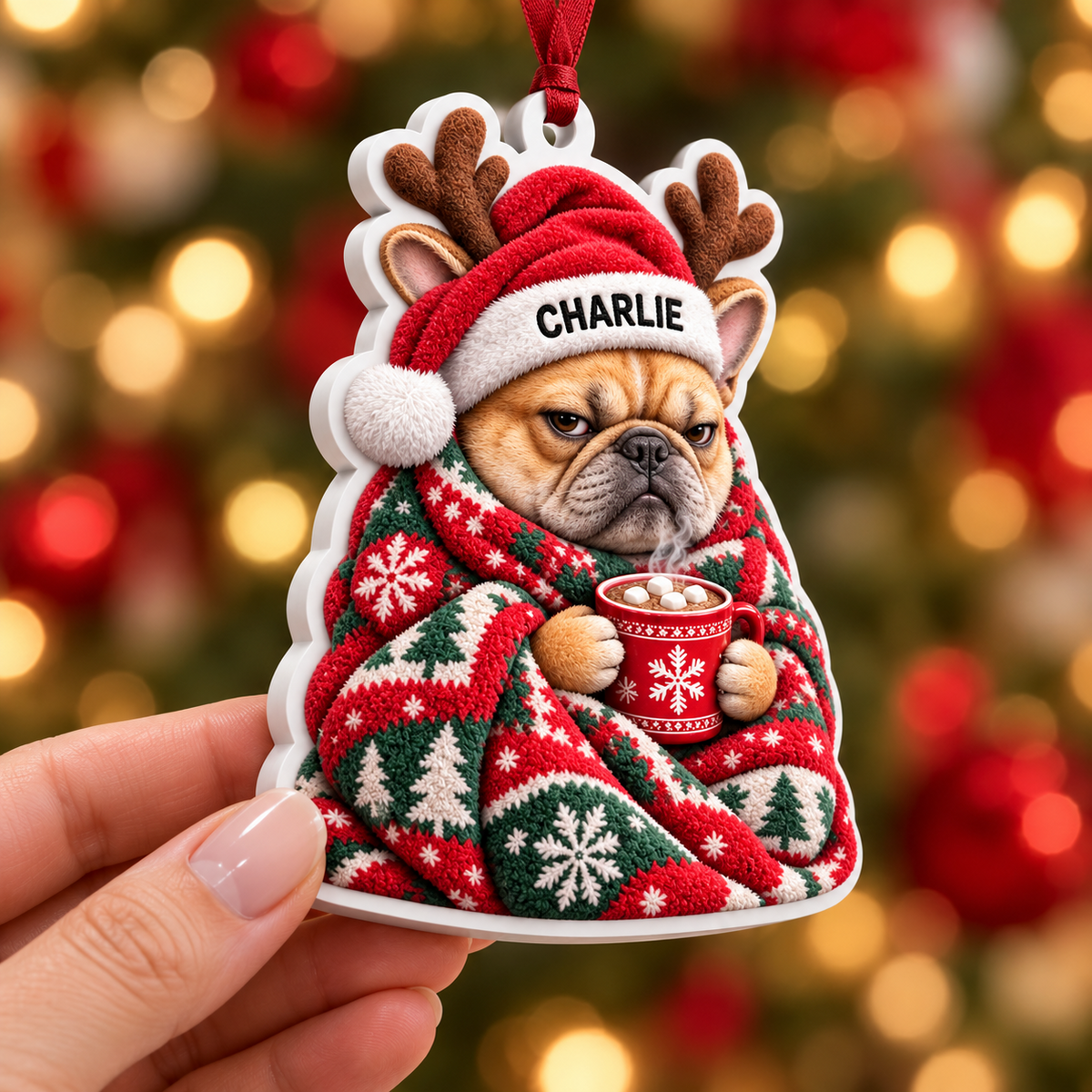 Grumpy French Bulldog in Christmas Blanket Acrylic Holiday Tree Decor - 3D Relief Ornament