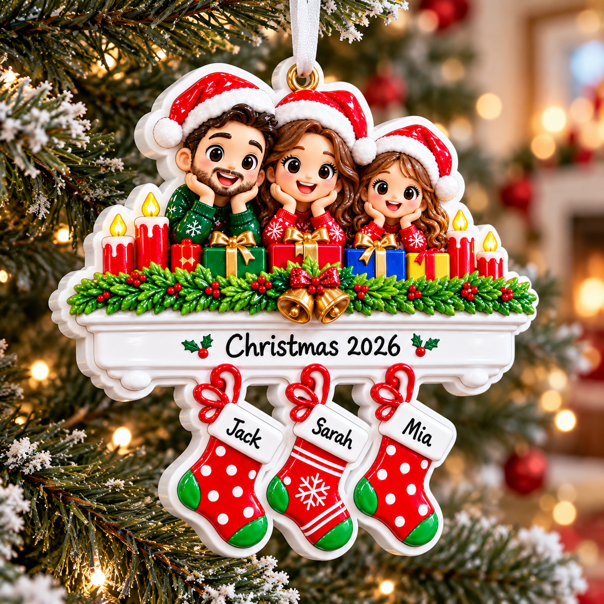 Family of 3 Christmas Fireplace Stockings Holiday Tree Decoration - 3D Relief Ornament