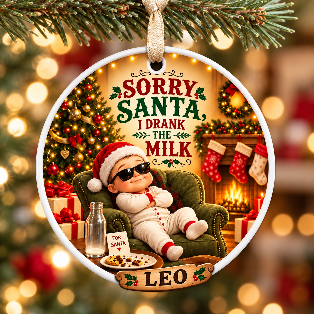 Baby In Sunglasses Sorry Santa I Drank The Milk Round Holiday Keepsake - 3D Relief Ornament