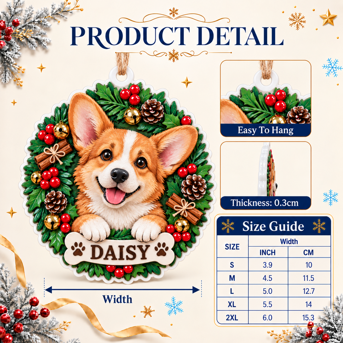 Pembroke Welsh Corgi Dog Holiday Pine Wreath Christmas Tree Hanging Decor - 3D Relief Ornament