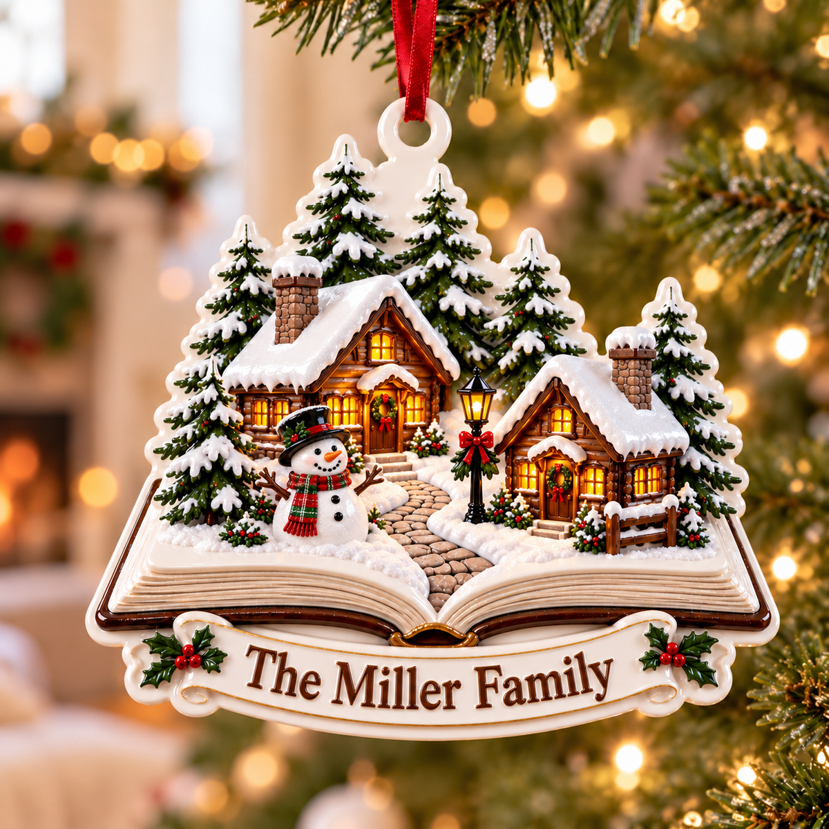Storybook Winter Village Snowman Cabin Holiday Tree Decor - 3D Relief Ornament