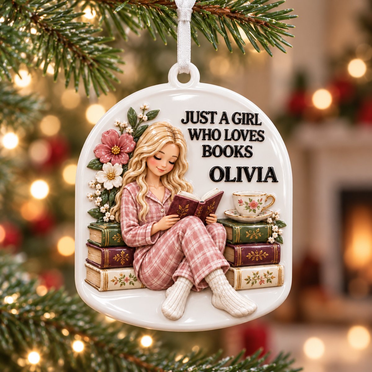 Glossy White Arched Acrylic Christmas Tree Hanging Plaque with Ribbon - 3D Relief Ornament