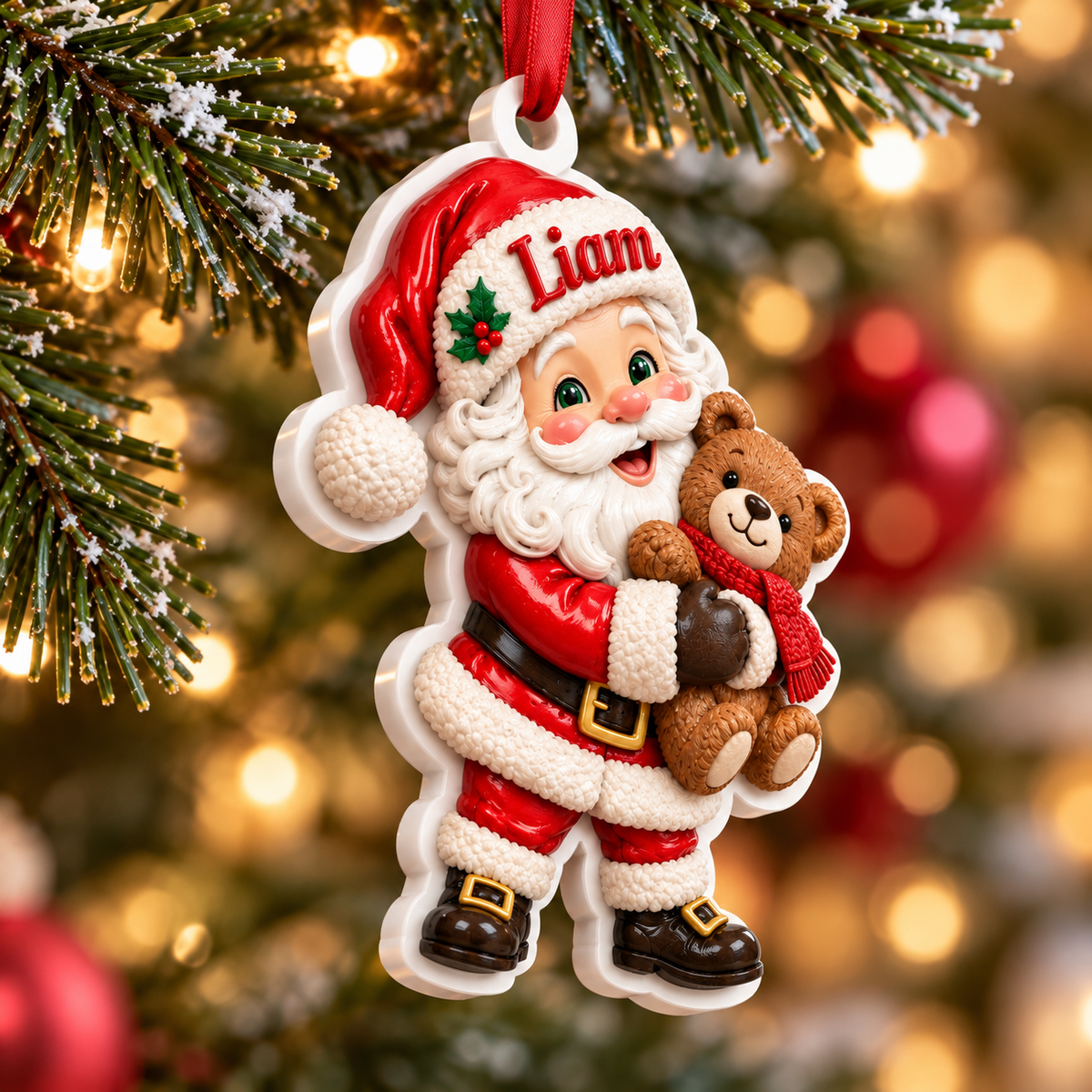 Santa Claus Holding Teddy Bear Acrylic Holiday Tree Decoration - 3D Relief Ornament