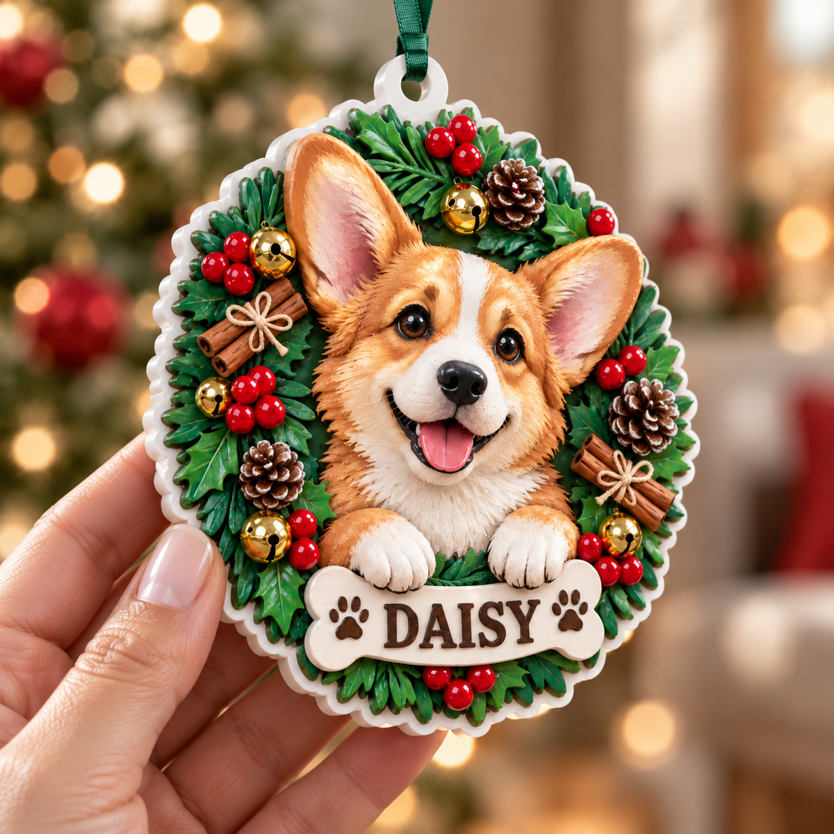 Pembroke Welsh Corgi Dog Holiday Pine Wreath Christmas Tree Hanging Decor - 3D Relief Ornament
