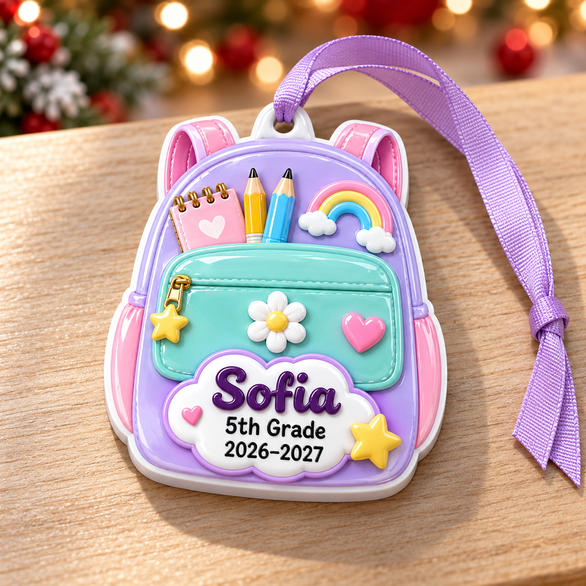 School Backpack Student Keepsake with Pastel Supplies and Rainbow - 3D Relief Ornament