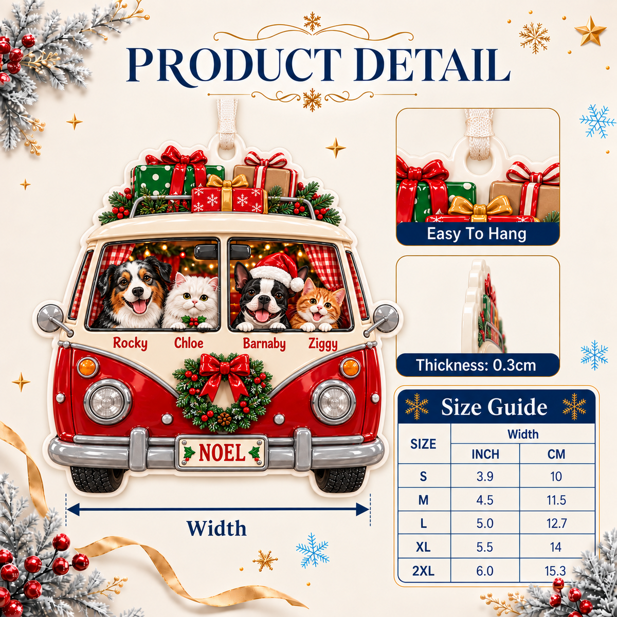 Christmas Camper Van with Dogs and Cats Holiday Hanging Keepsake - 3D Relief Ornament