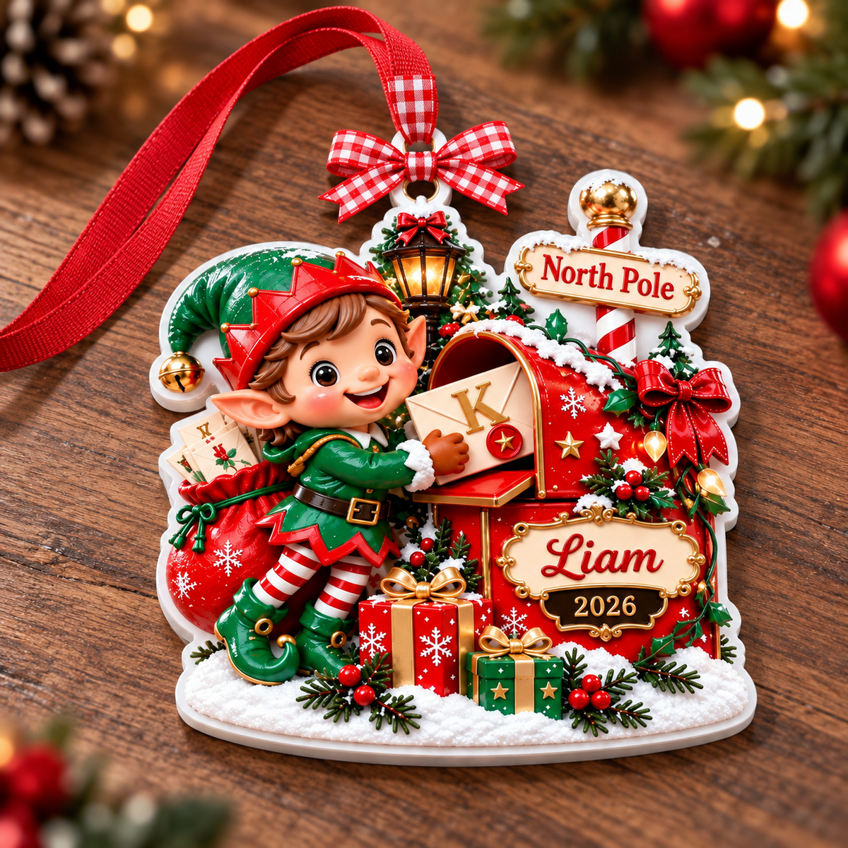 Christmas Elf at North Pole Mailbox Acrylic Holiday Keepsake - 3D Relief Ornament