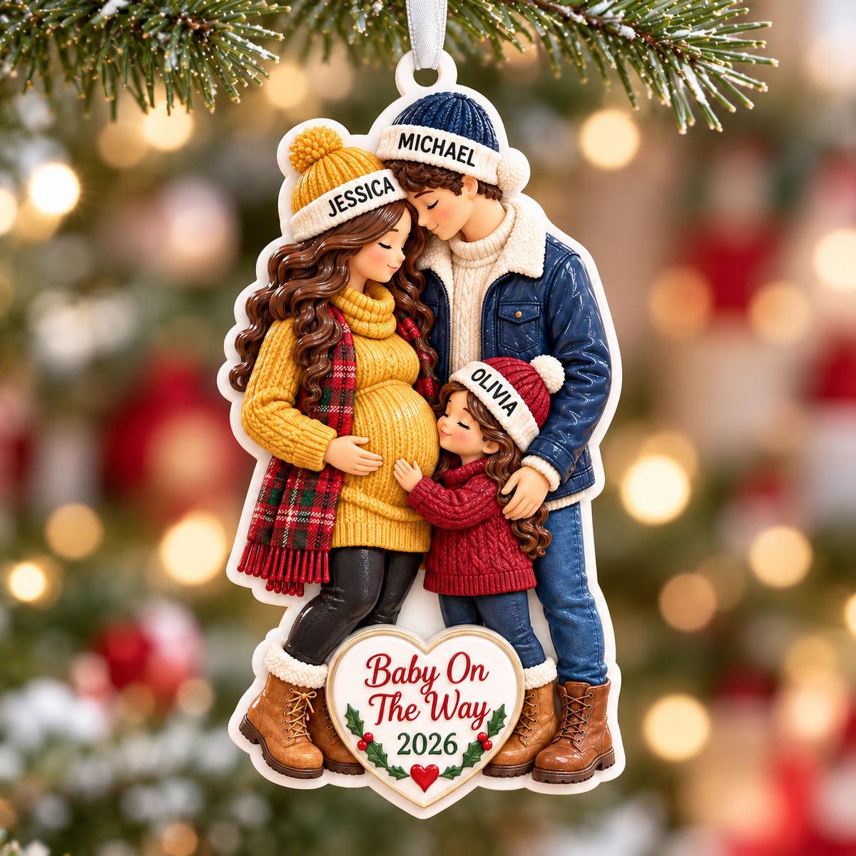 Baby On The Way Expecting Family of Three Holiday Tree Keepsake - 3D Relief Ornament