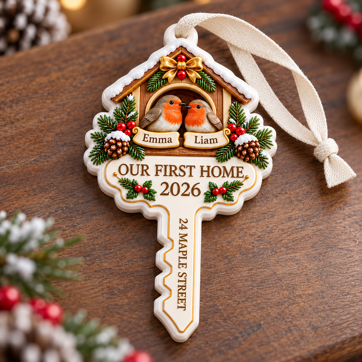 House Key First Home Robin Birds Nest Holiday Tree Keepsake - 3D Relief Ornament