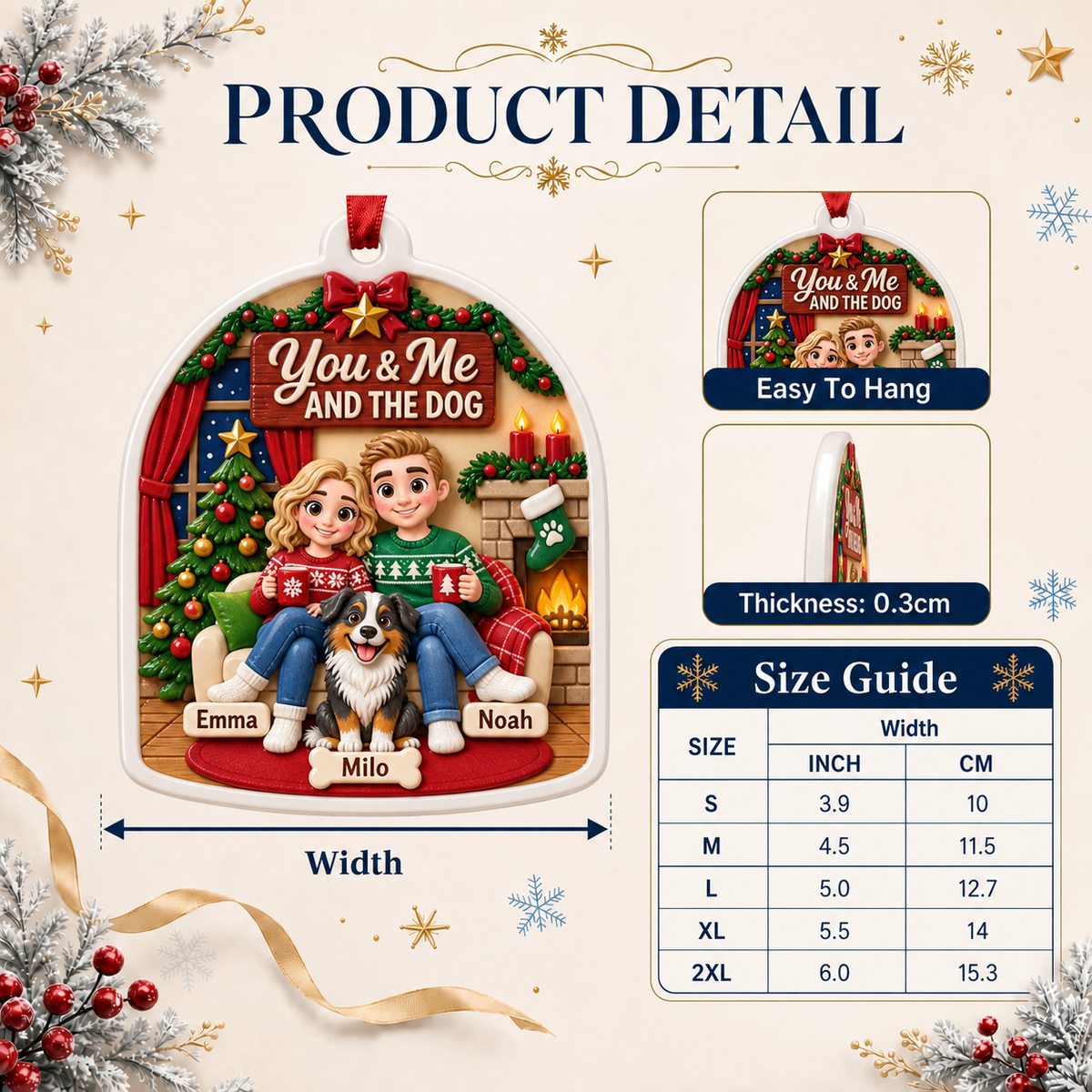 Couple and Dog Christmas Tree Decoration, Arched Fireplace Scene - 3D Relief Ornament