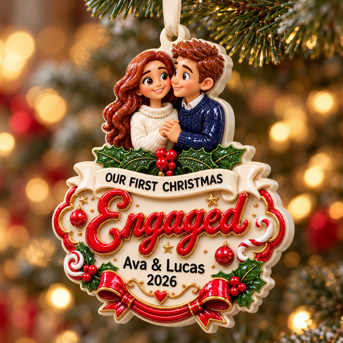 Our First Christmas Engaged Couple Portrait Holiday Keepsake - 3D Relief Ornament