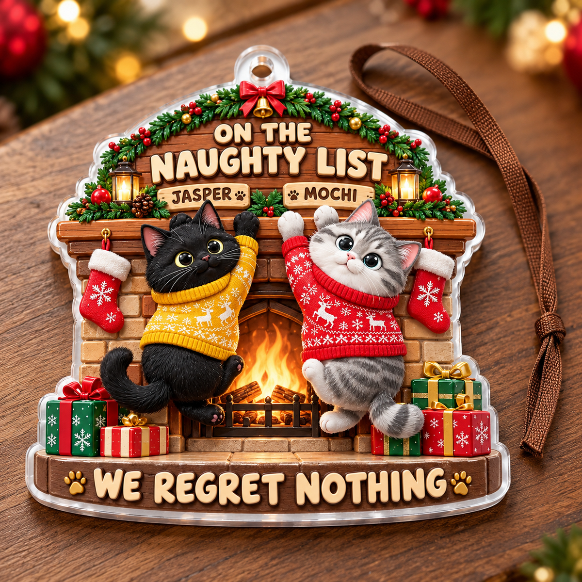 Naughty Cats at Fireplace Mantel Christmas Tree Hanging Decor - 3D Relief Ornament