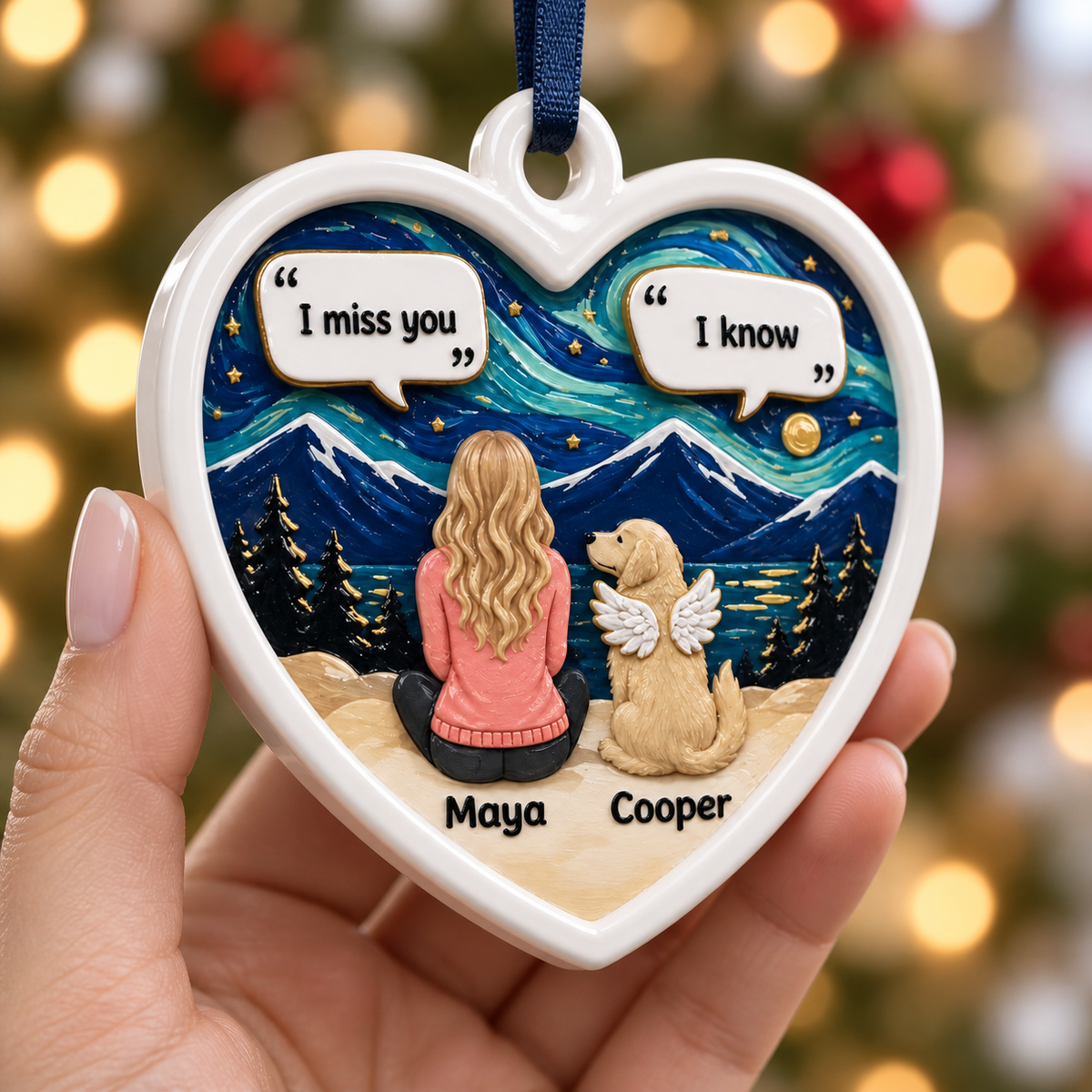 Dog Memorial Heart Keepsake Girl and Angel Pet Starry Mountain Nightscape - 3D Relief Ornament