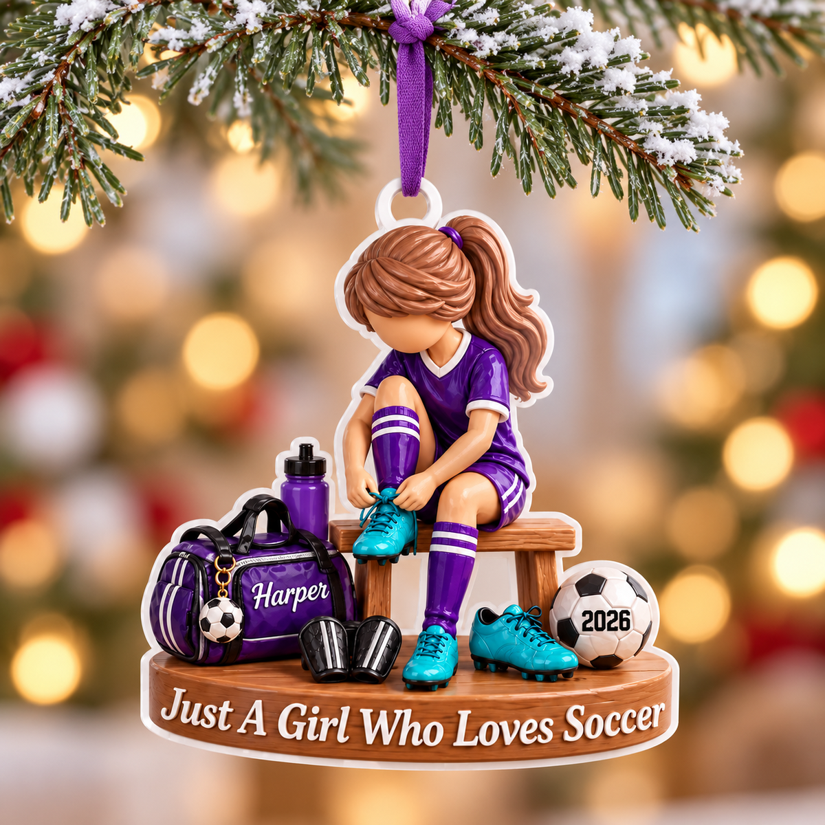 Girl Soccer Player Locker Room Bench Acrylic Hanging Holiday Keepsake - 3D Relief Ornament