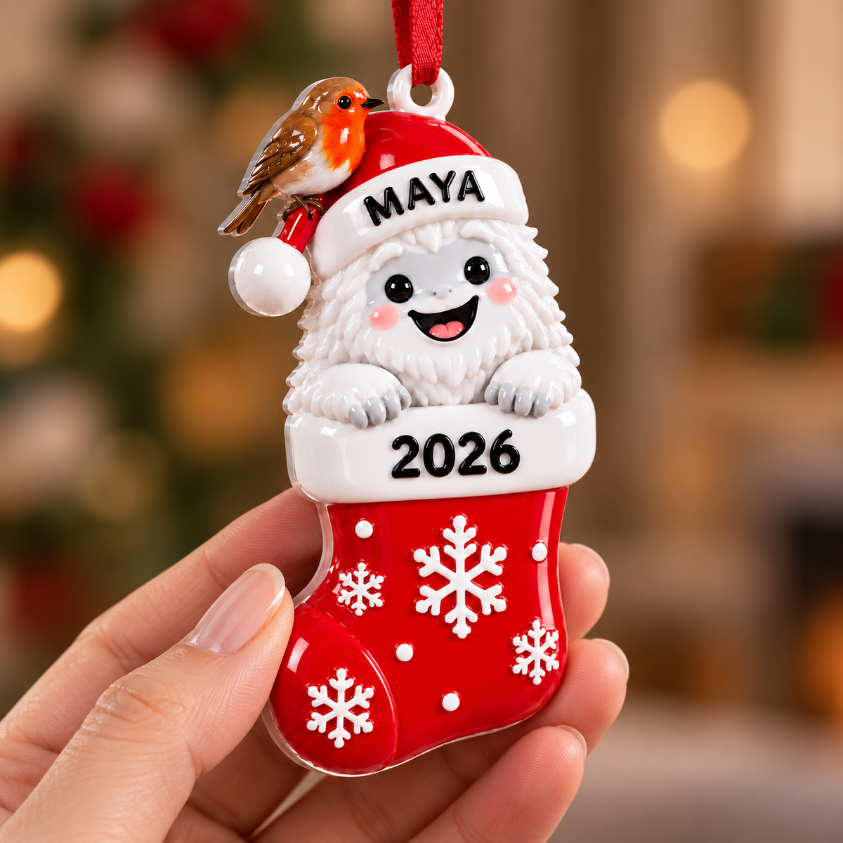 Christmas Yeti in Stocking with Robin Hanging Holiday Decor - 3D Relief Ornament