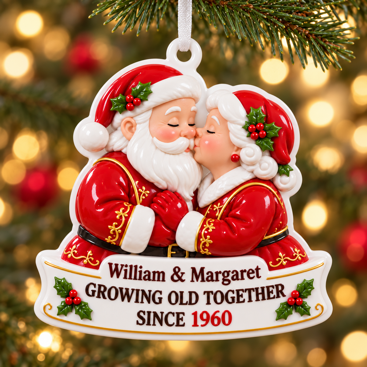 Santa and Mrs Claus Kissing Couple Holiday Hanging Decoration - 3D Relief Ornament