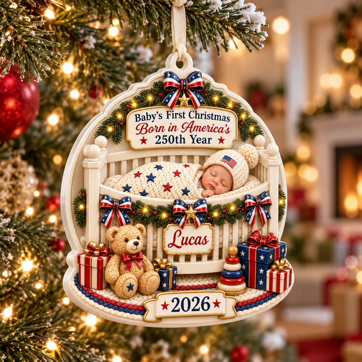 Baby's First Christmas Born in America's 250th Year Patriotic Crib Scene - 3D Relief Ornament