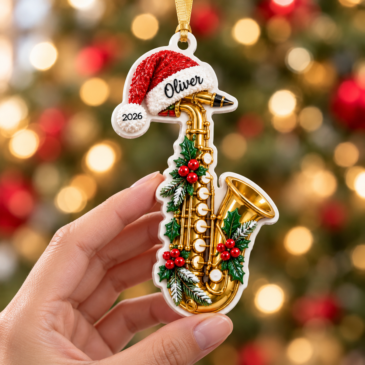Christmas Golden Saxophone with Santa Hat Hanging Acrylic - 3D Relief Ornament