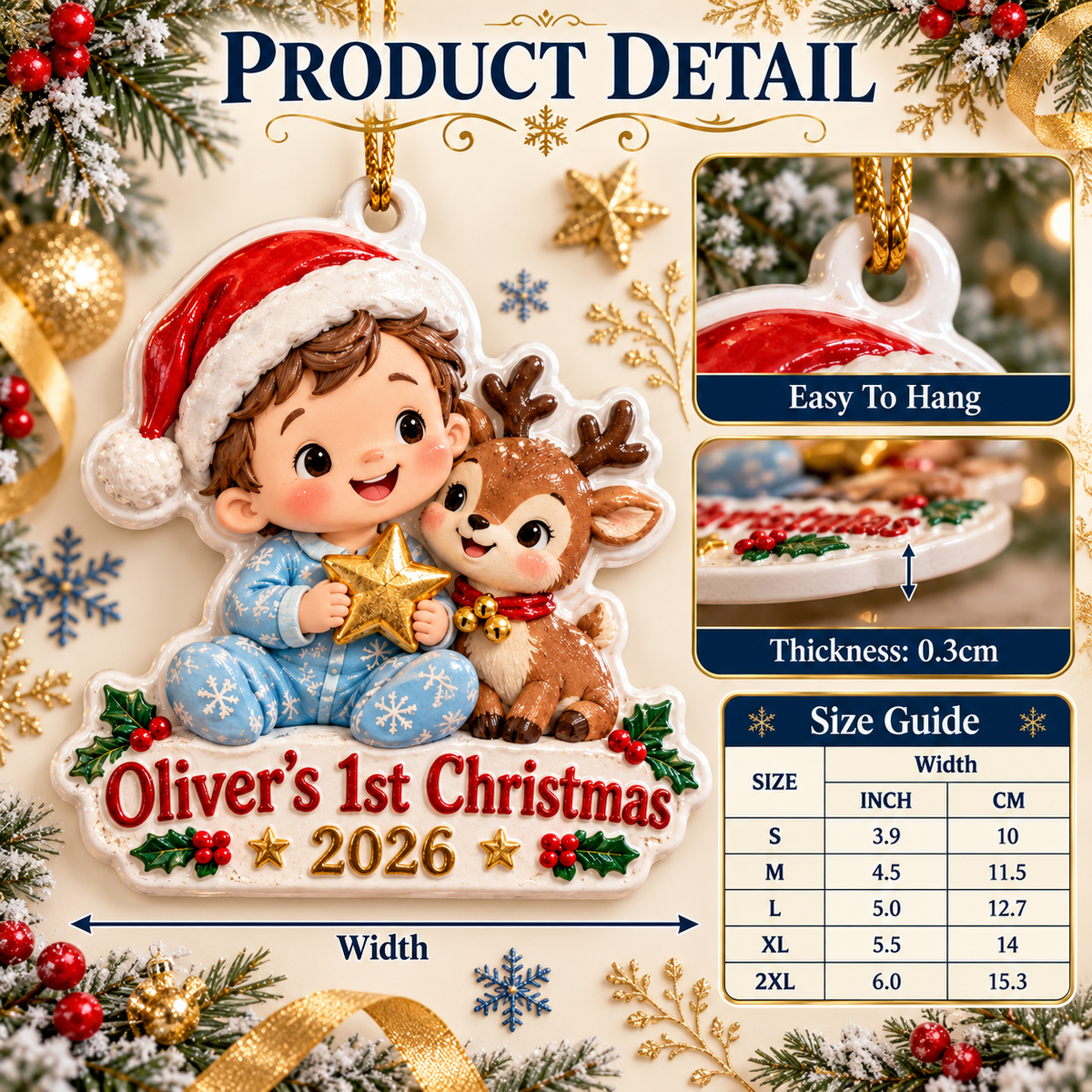 Baby Boy First Christmas Keepsake with Reindeer and Santa Hat - 3D Relief Ornament