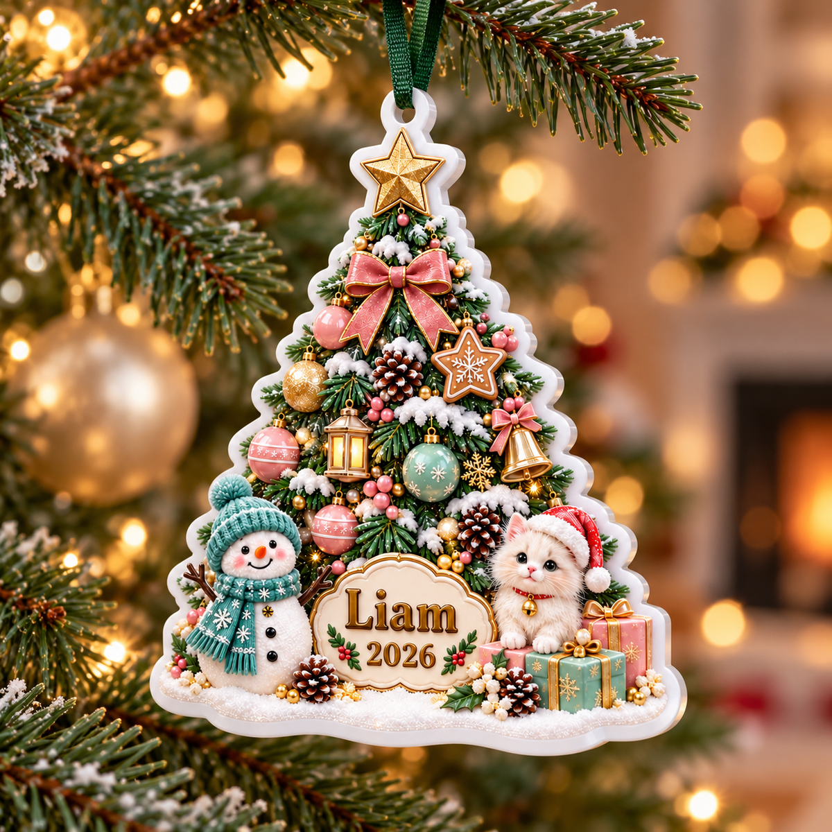 Christmas Tree with Snowman and Kitten Holiday Keepsake Plaque - 3D Relief Ornament