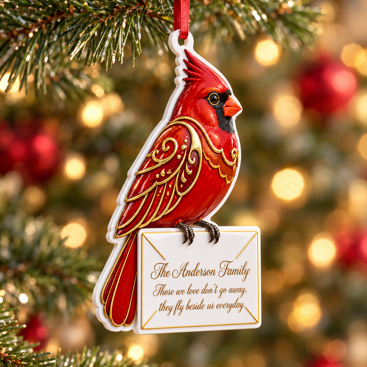Red Cardinal Perched on Envelope Memorial Tree Hanging - 3D Relief Ornament