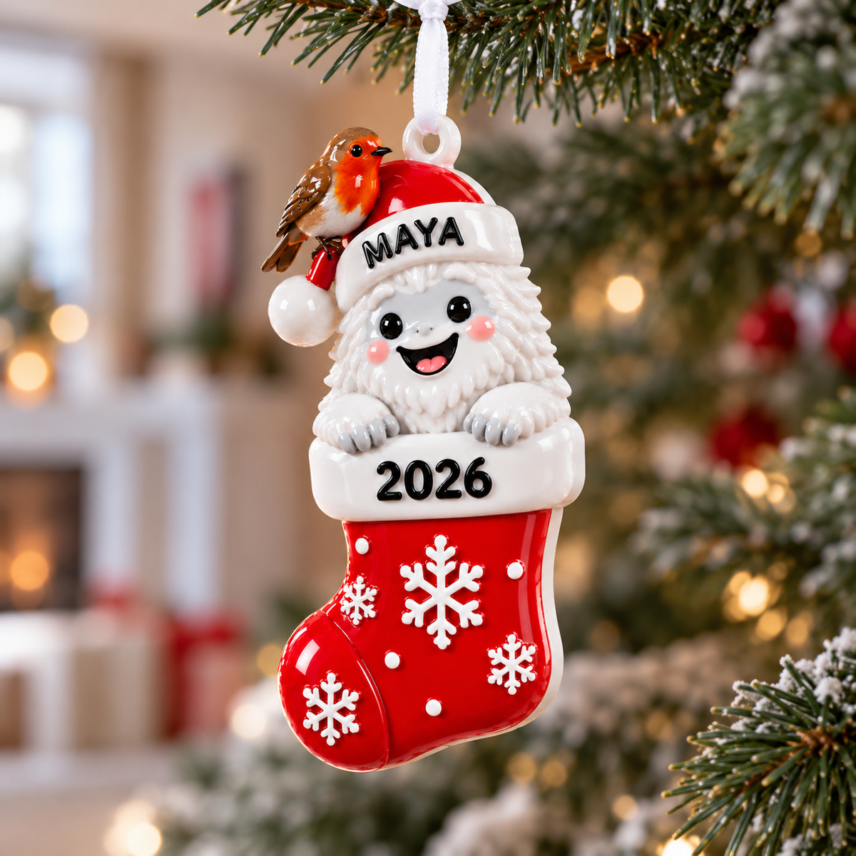 Christmas Yeti in Stocking with Robin Hanging Holiday Decor - 3D Relief Ornament