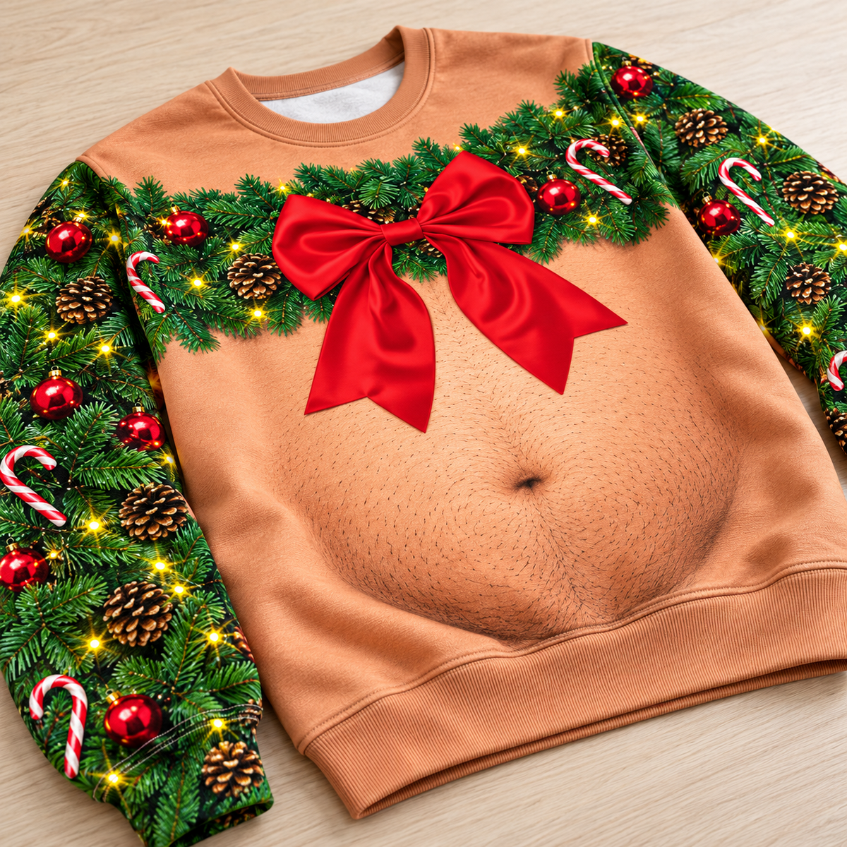 Christmas Sweatshirt Funny Bare Torso Garland Bow Holiday Pullover