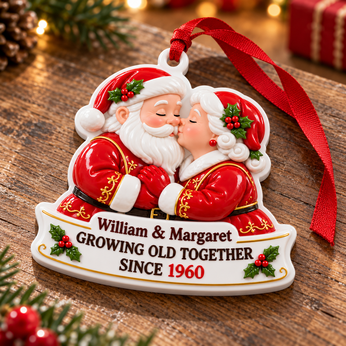 Santa and Mrs Claus Kissing Couple Holiday Hanging Decoration - 3D Relief Ornament