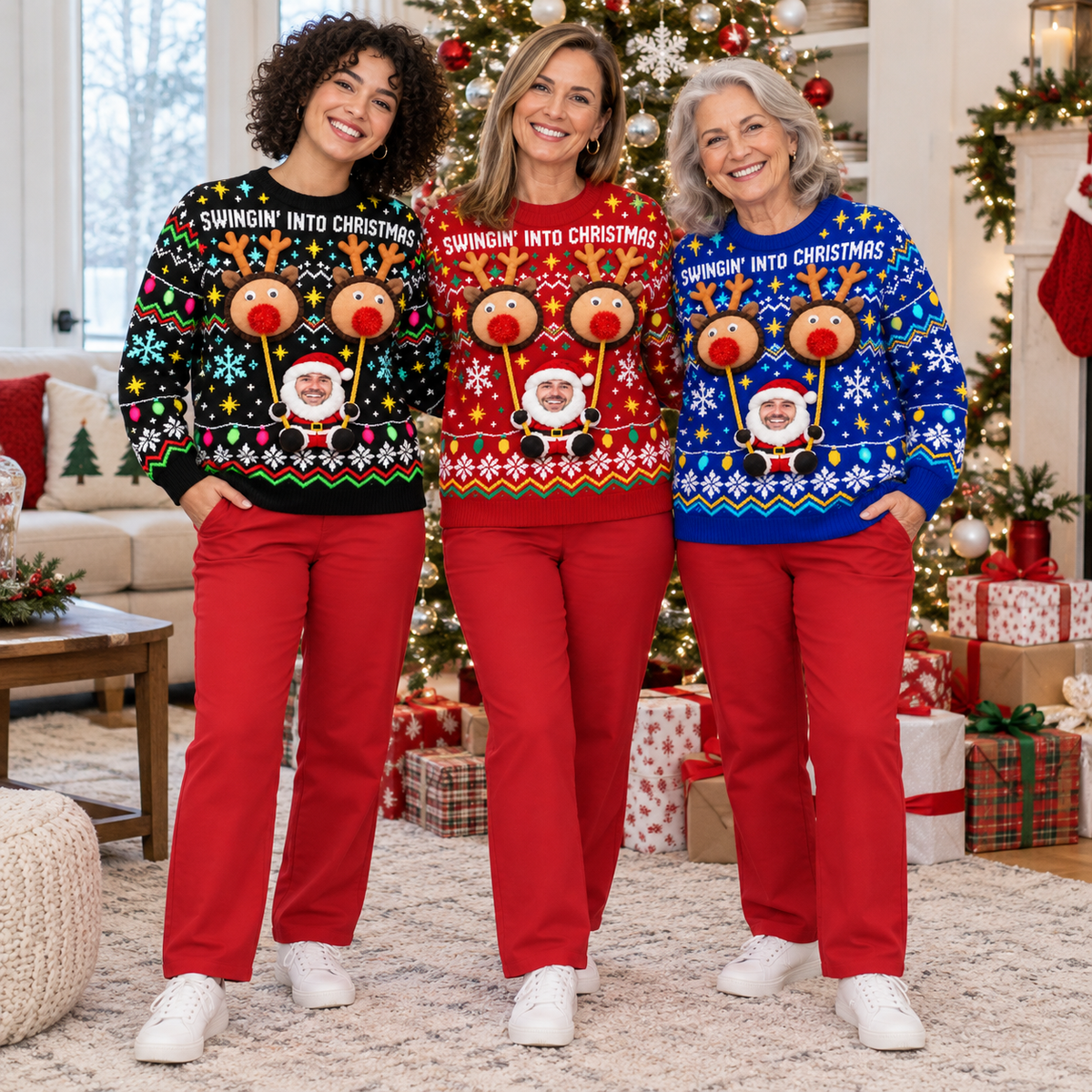 Ugly Christmas Sweater Swingin Reindeer Santa Long Sleeve Knit Top