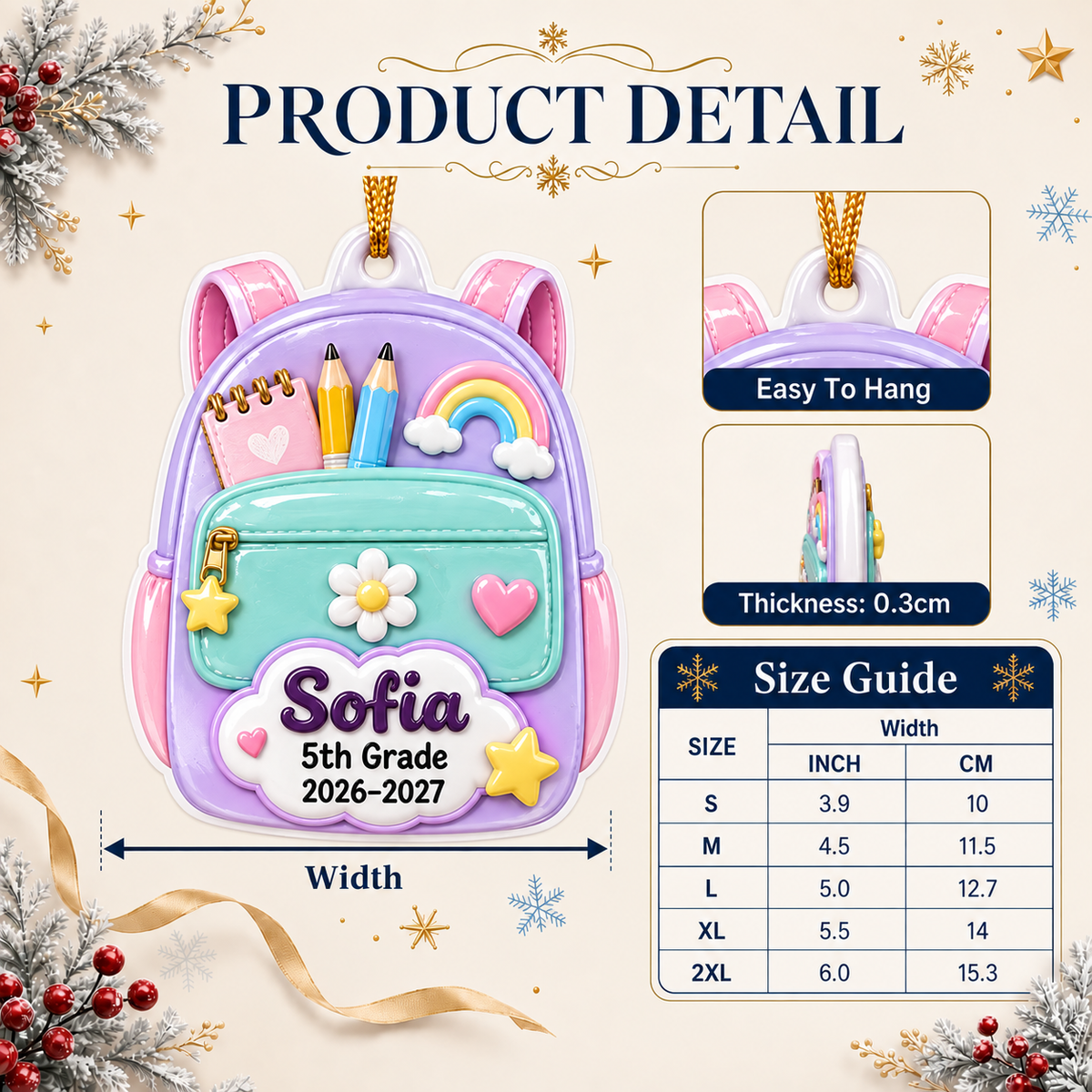 School Backpack Student Keepsake with Pastel Supplies and Rainbow - 3D Relief Ornament