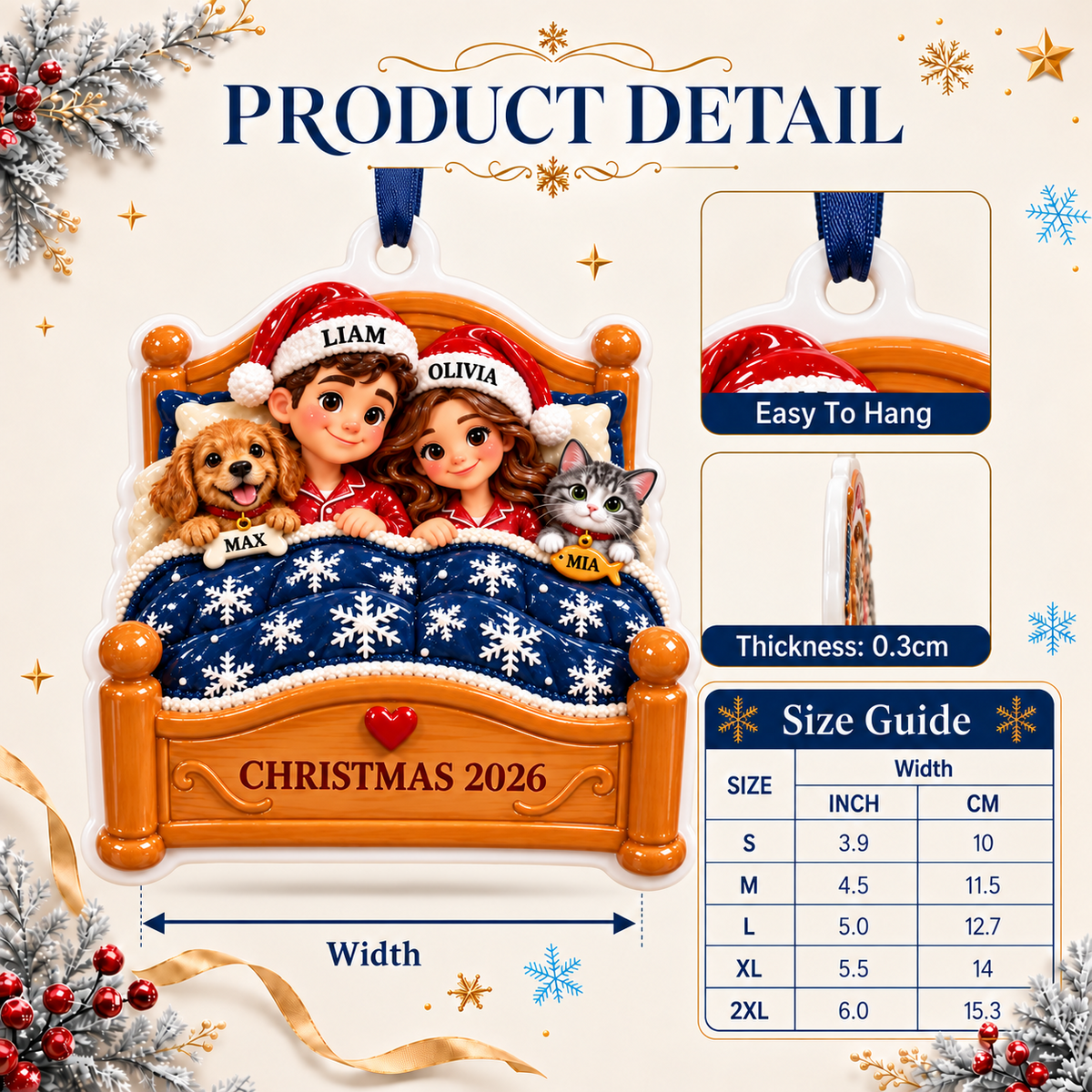 Couple with Dog and Cat in Bed Holiday Keepsake - 3D Relief Ornament