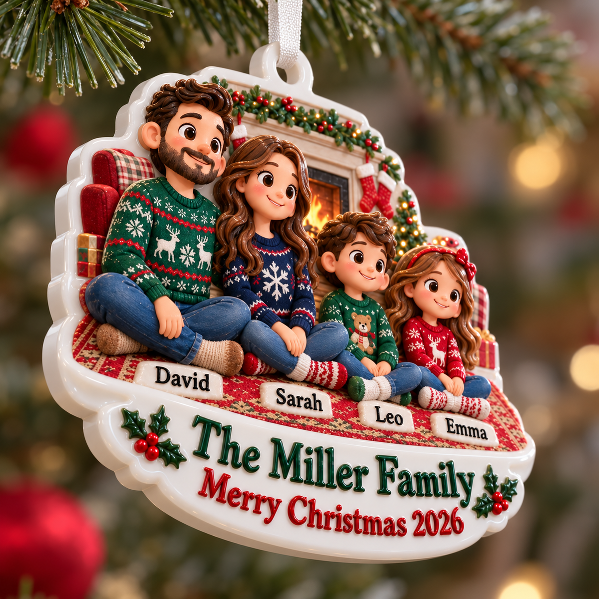 Family of Four by the Fireplace Cartoon Holiday Keepsake - 3D Relief Ornament