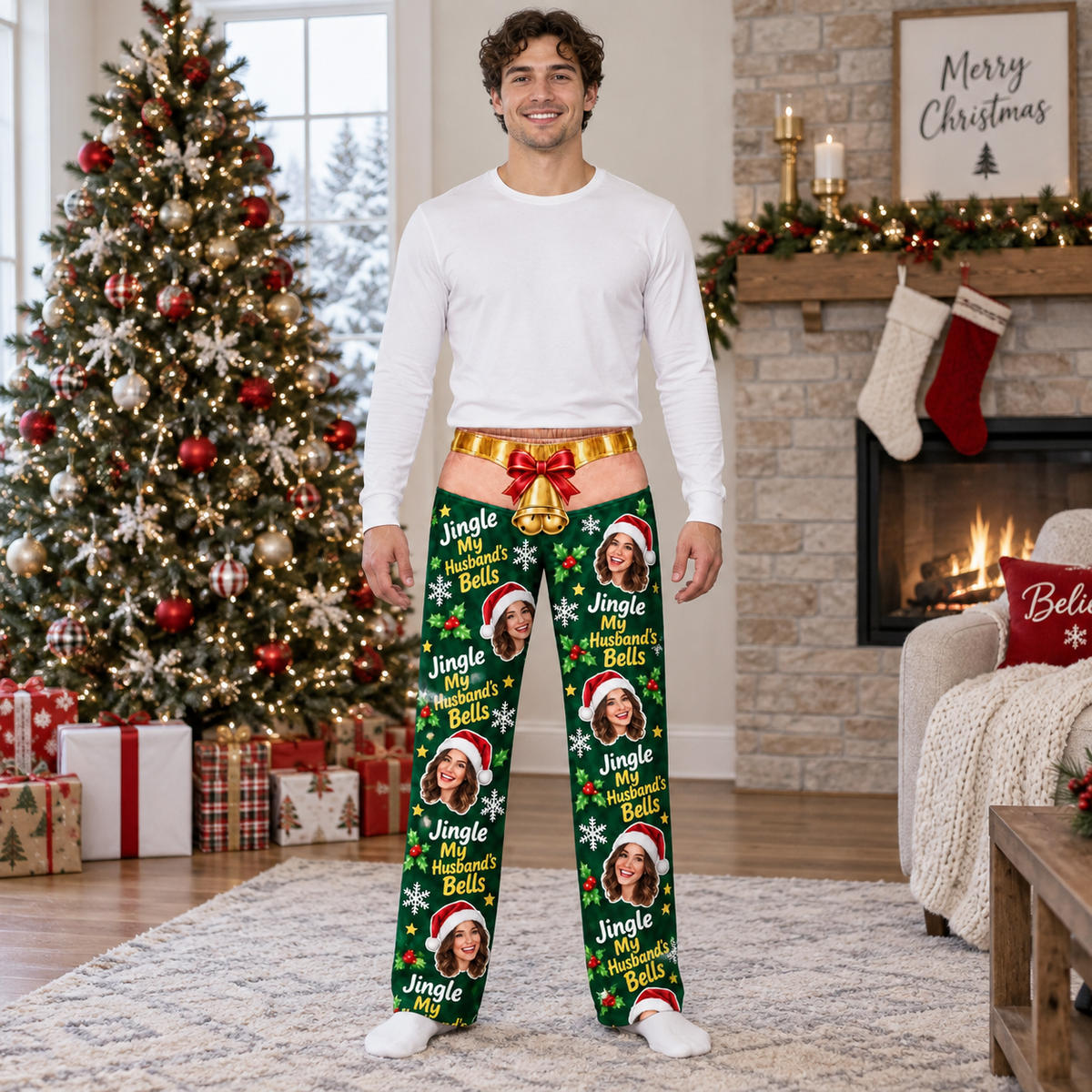 Mens Christmas Pajama Pants Festive Holiday Bell Lounge Bottoms