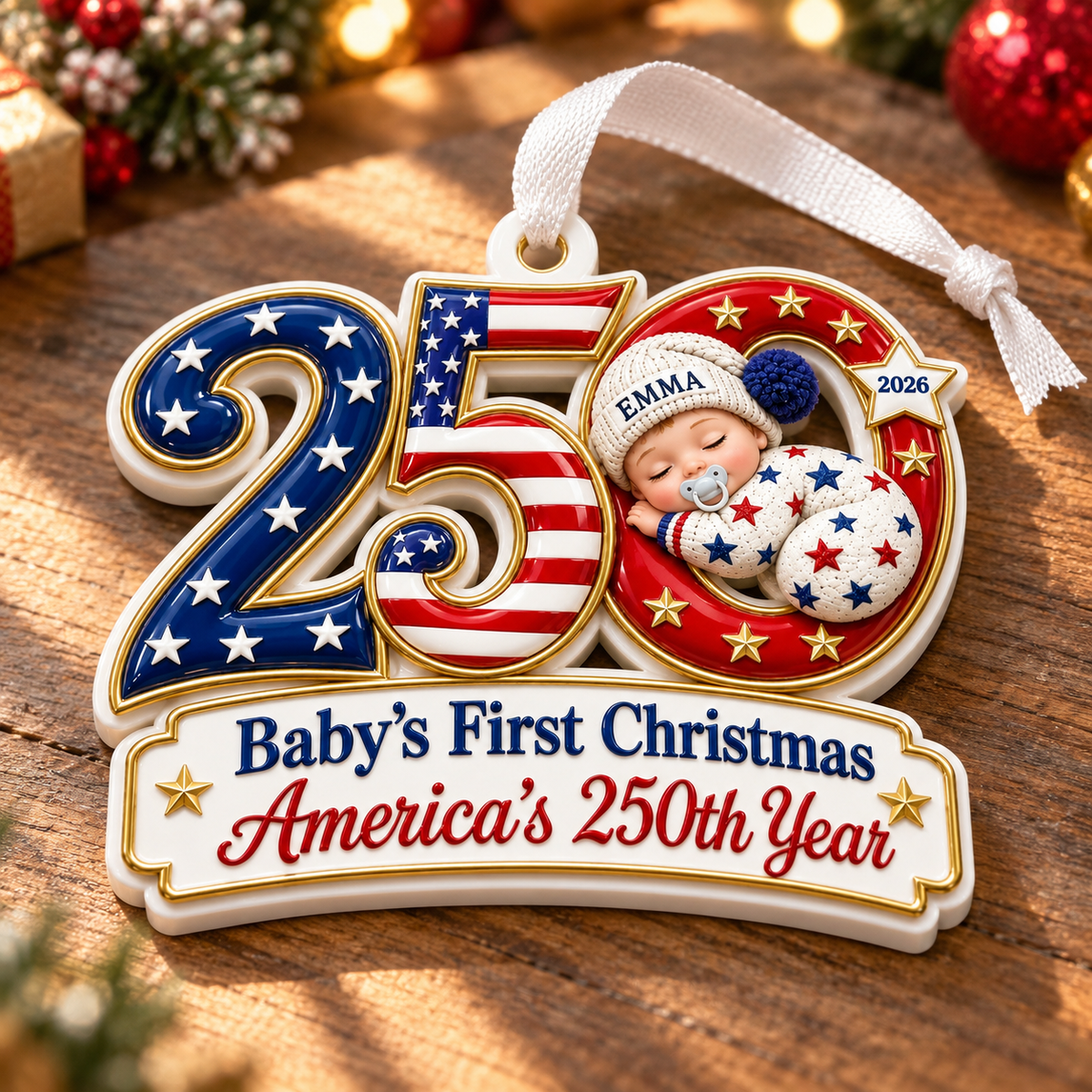 Baby's First Christmas America 250th Year 2026 Patriotic Holiday Keepsake - 3D Relief Ornament
