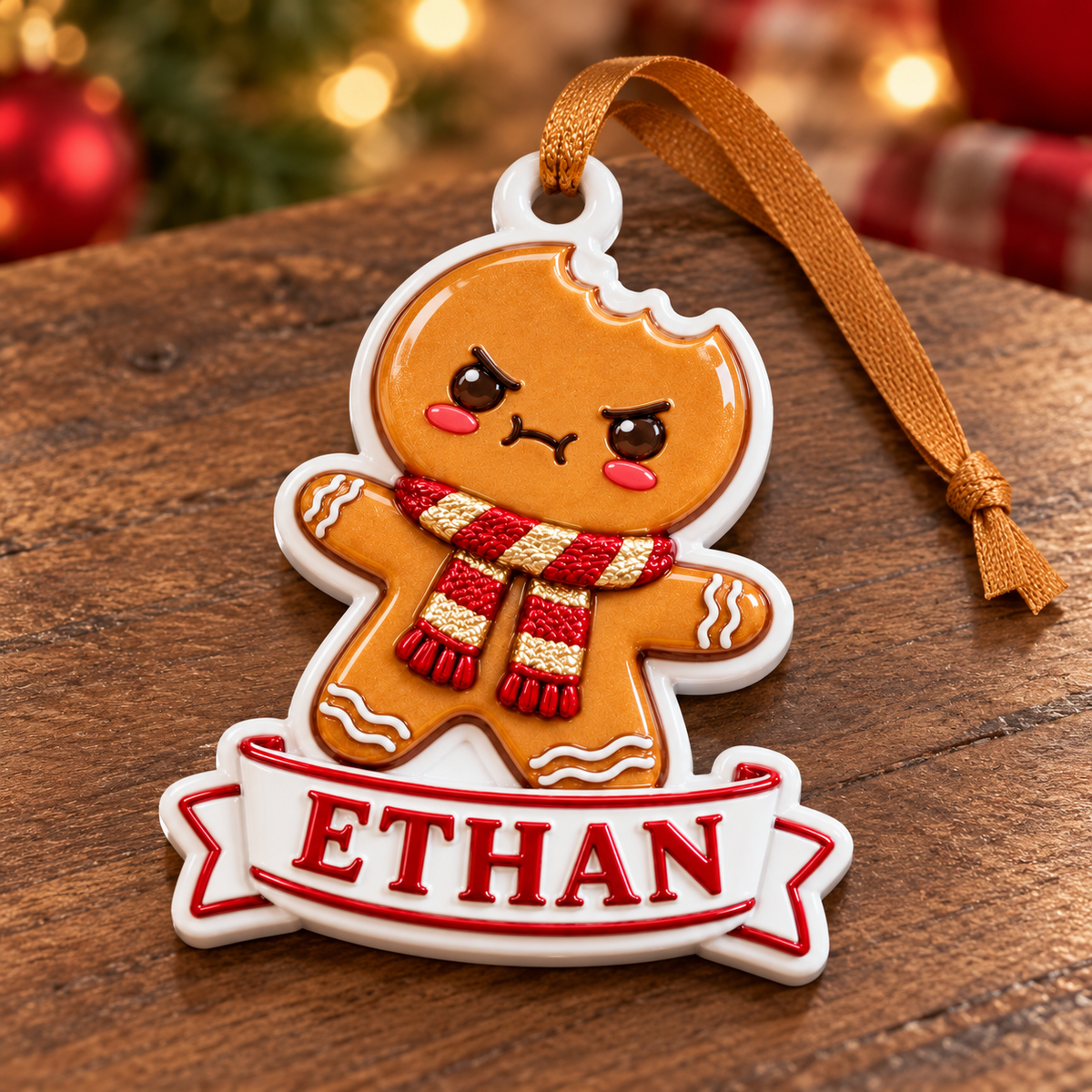 Bitten Gingerbread Cookie Banner White Ceramic Holiday Tree Decor - 3D Relief Ornament