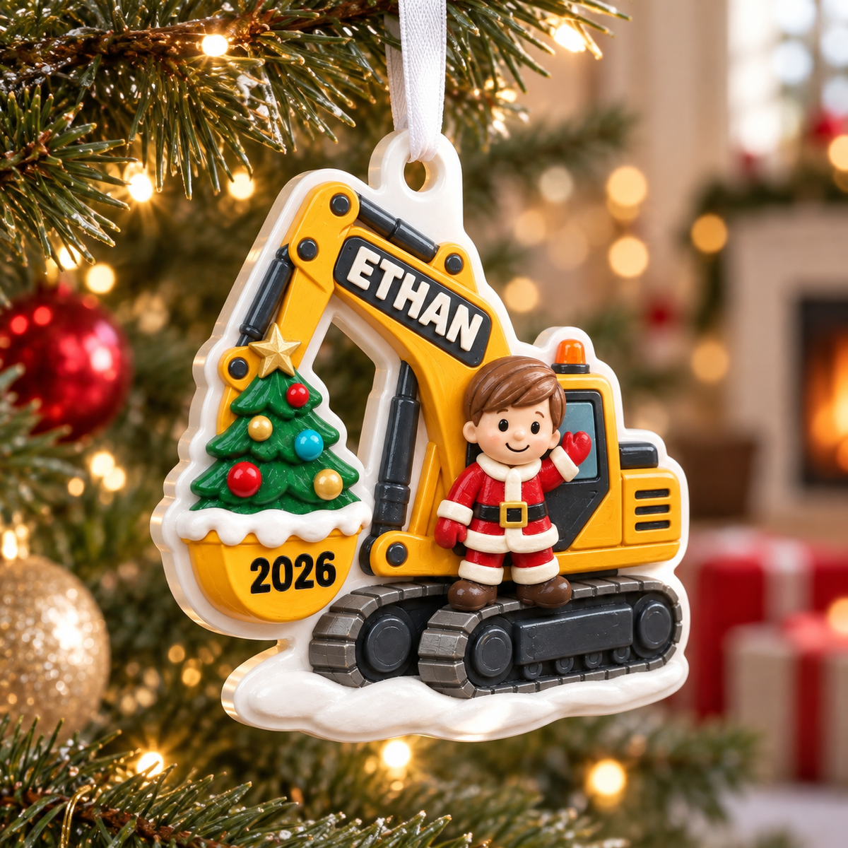 Yellow Excavator Construction Vehicle with Santa Boy and Christmas Tree - 3D Relief Ornament