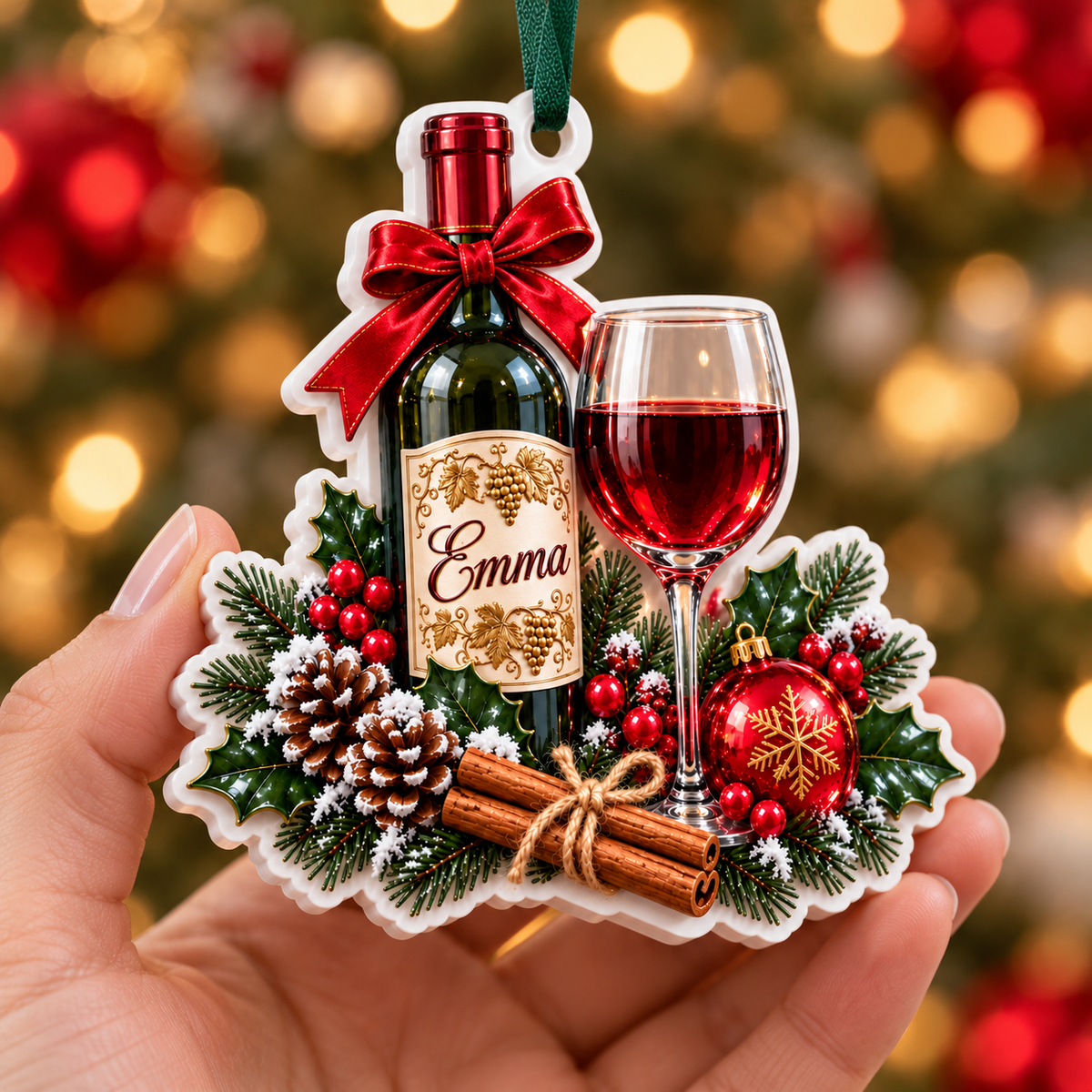 Red Wine Bottle and Glass Christmas Tree Holiday Decoration - 3D Relief Ornament