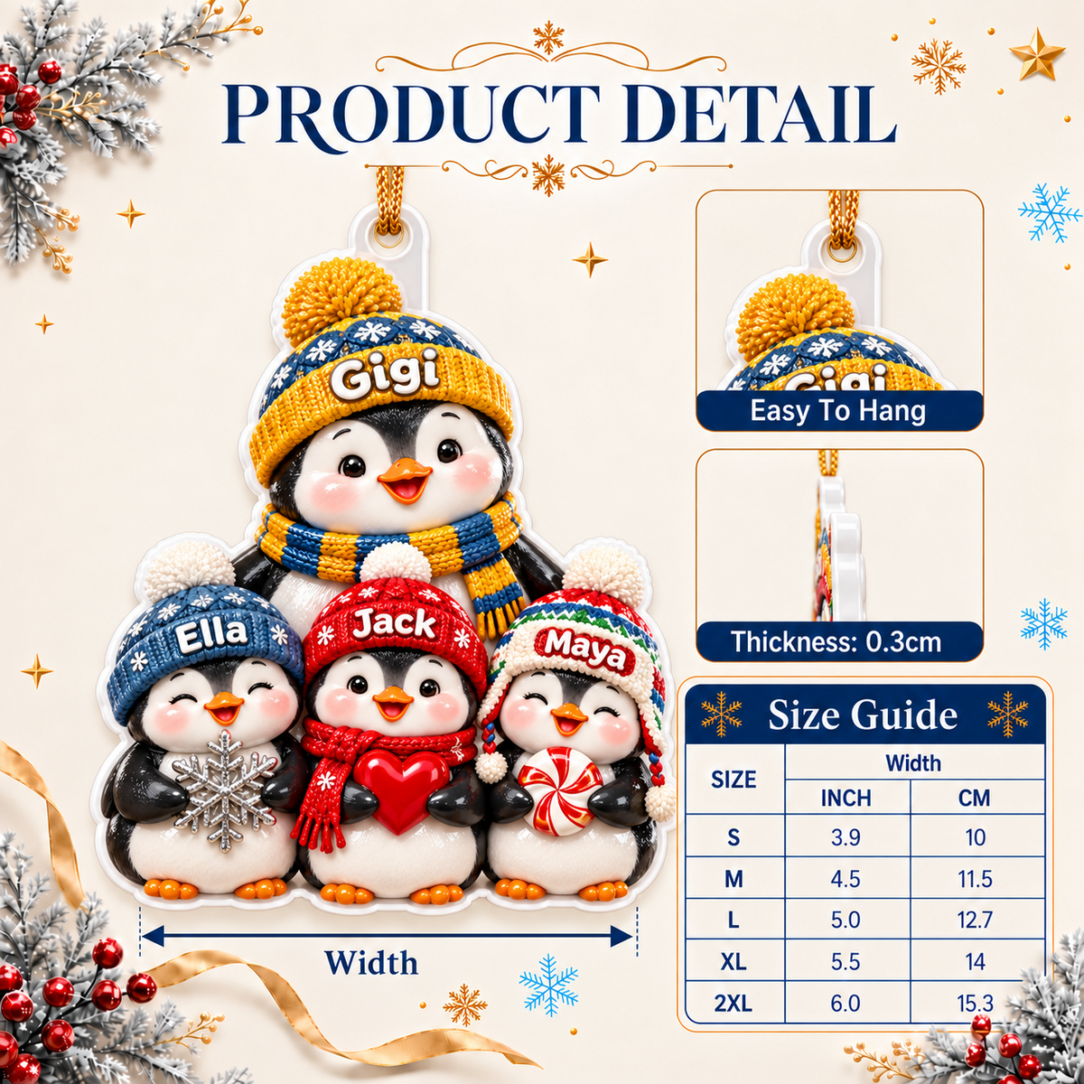 Winter Penguin Family with Knit Beanies Hanging Acrylic Holiday Accent - 3D Relief Ornament