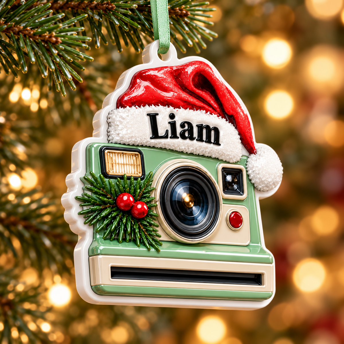 Retro Instant Camera with Santa Hat Holiday Keepsake - 3D Relief Ornament