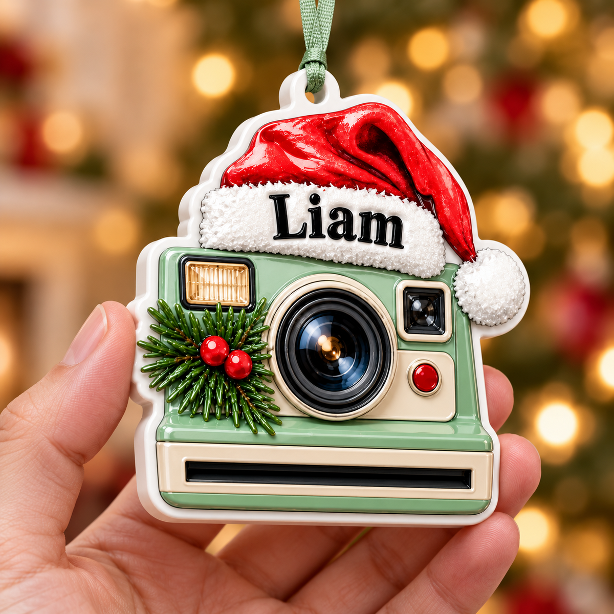 Retro Instant Camera with Santa Hat Holiday Keepsake - 3D Relief Ornament