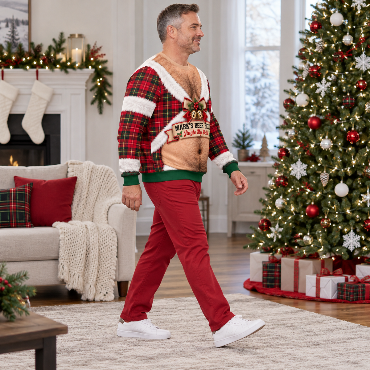 Funny Christmas Sweatshirt Hairy Chest Beer Belly Plaid Pullover