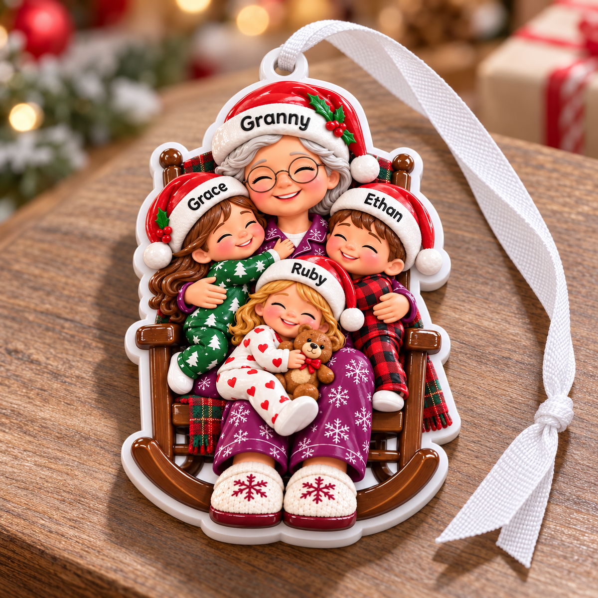 Grandmother with Grandchildren in Rocking Chair Holiday Keepsake - 3D Relief Ornament