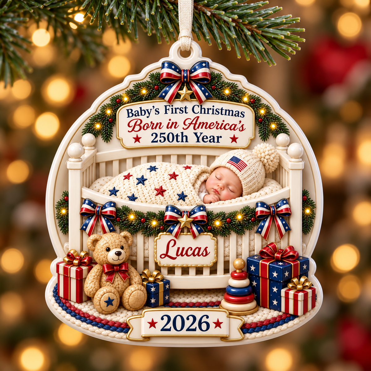 Baby's First Christmas Born in America's 250th Year Patriotic Crib Scene - 3D Relief Ornament