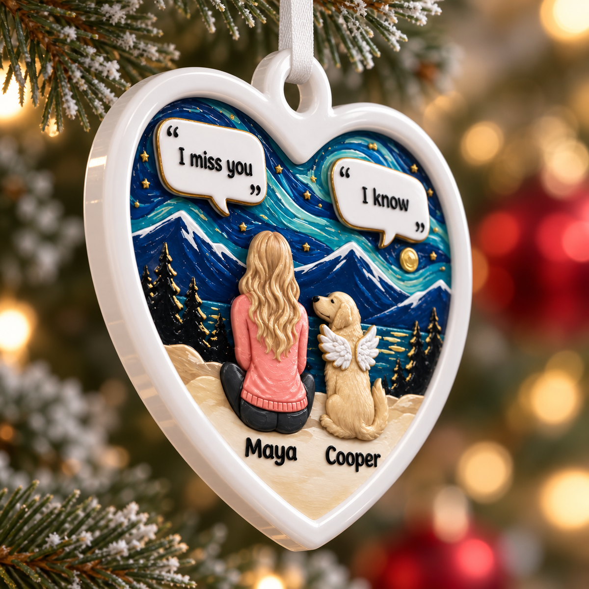 Dog Memorial Heart Keepsake Girl and Angel Pet Starry Mountain Nightscape - 3D Relief Ornament