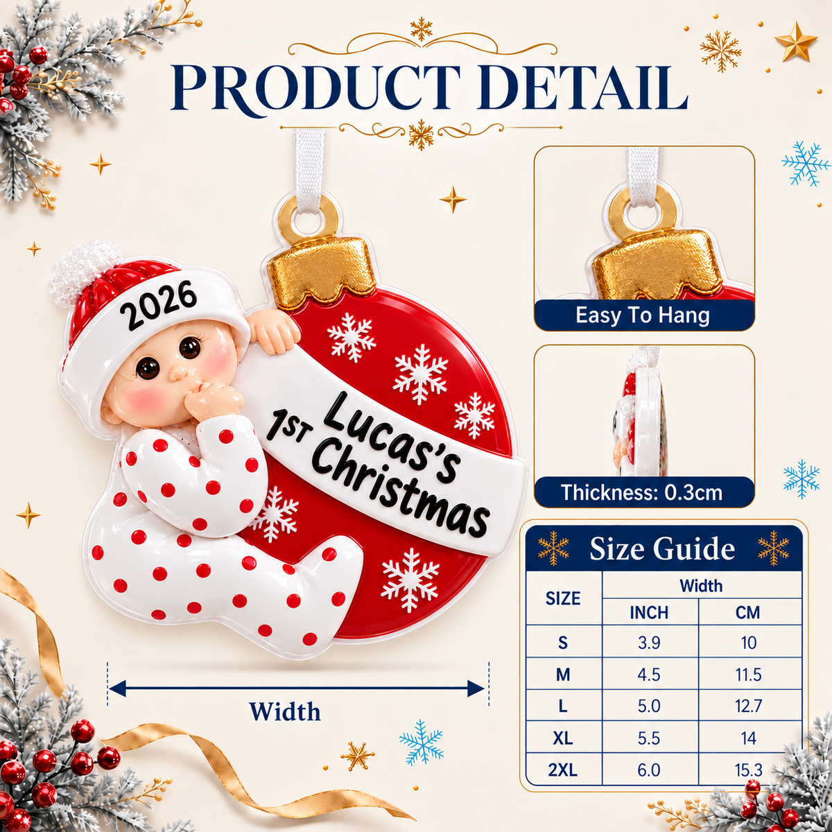 Baby First Christmas Bauble Red and White Polyresin Hanging Keepsake - 3D Relief Ornament