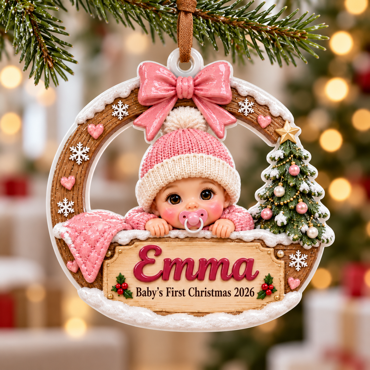 Baby Girl First Christmas Wreath with Pink Knit Beanie and Tree - 3D Relief Ornament