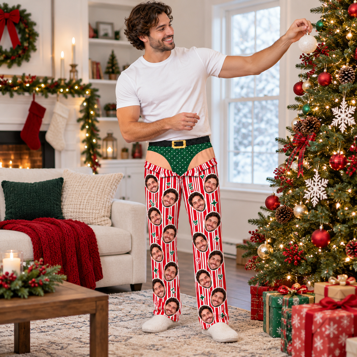 Men Novelty Christmas Pajama Pants Striped Holiday Lounge Bottoms