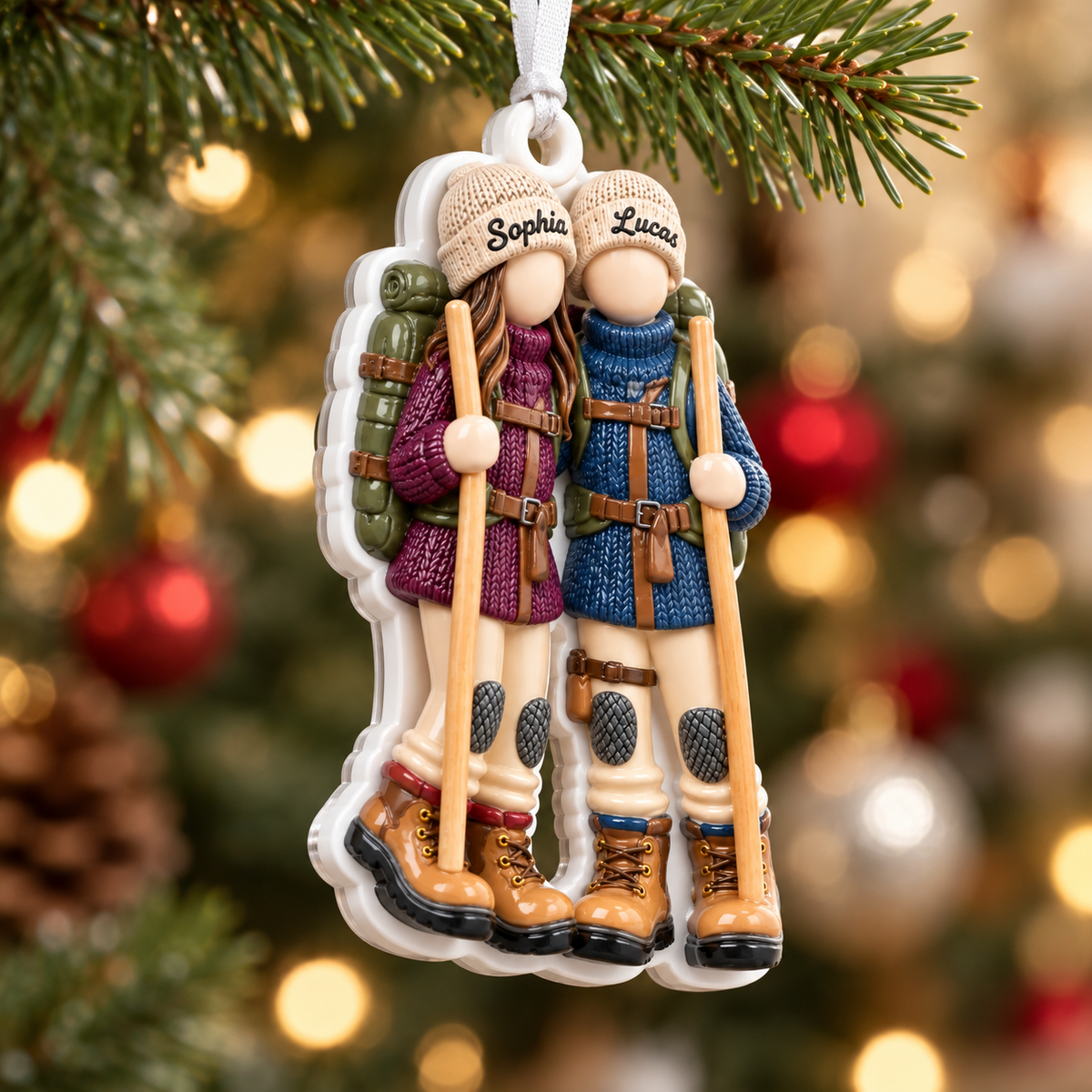 Hiking Couple with Backpacks and Trekking Poles Acrylic Hanging Keepsake - 3D Relief Ornament
