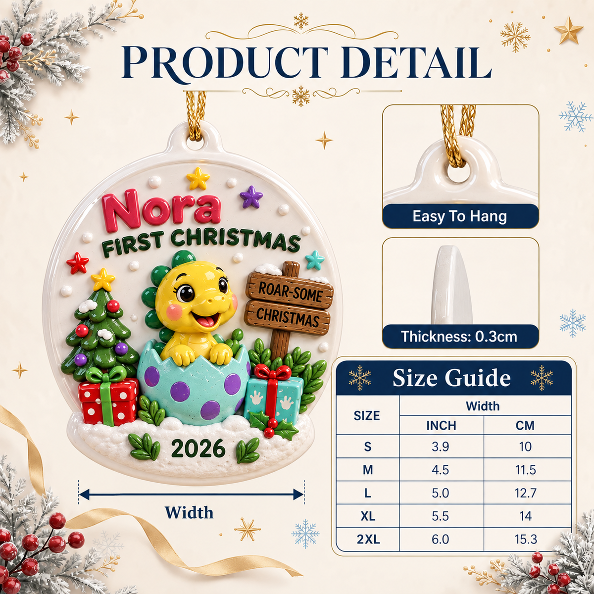 Baby Dinosaur Hatching Egg First Christmas Oval Holiday Keepsake - 3D Relief Ornament
