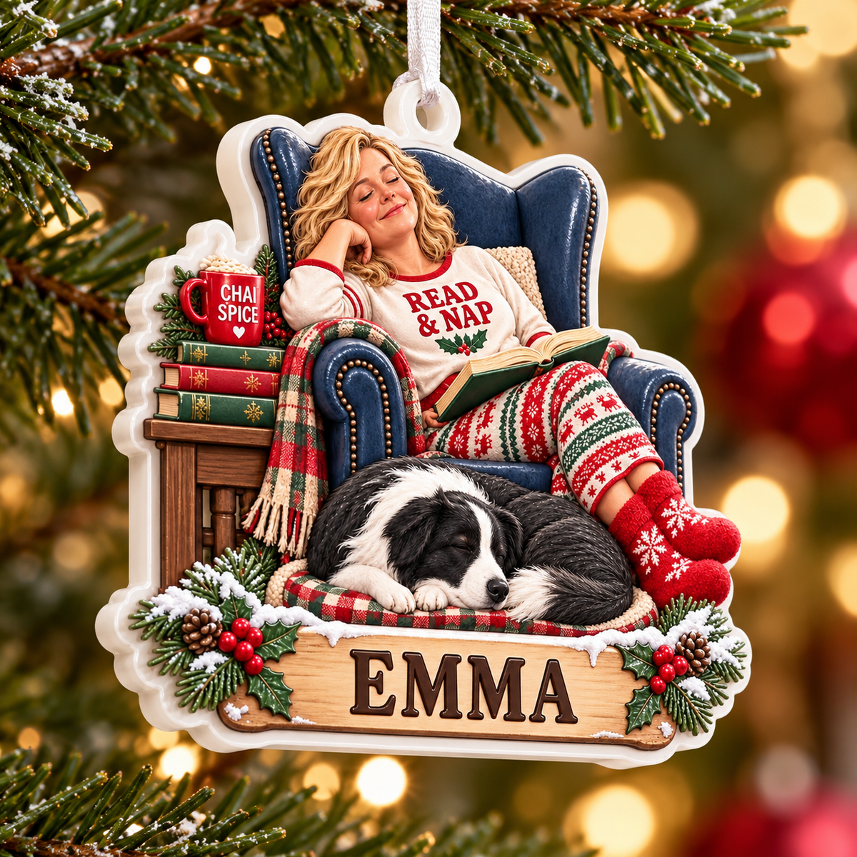 Cozy Woman Reading in Armchair with Sleeping Dog Acrylic Hanging Holiday Plaque - 3D Relief Ornament
